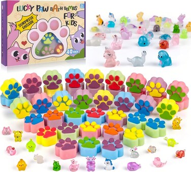 Bath Bombs for Kids with Surprise Inside, 40 Large Number Pack Kids Paw Shape Bath Bombs Gift Set, Natural Organic Kids Bubble Bath Fizzy for Girls Boys with Bath Toys Inside