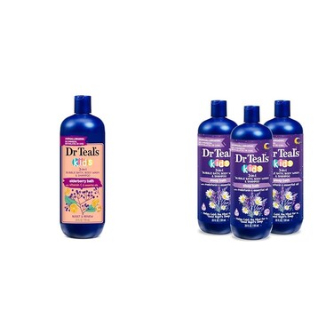Dr Teal's Kids 3-in-1 Elderberry Bath: Bubble Bath, Body Wash &amp; Shampoo, 20 fl oz. &amp; Kids 3-in-1 Sleep Bath: Bubble Bath, Body Wash &amp; Shampoo with Melatonin &amp; Essential Oil, 20 fl oz (Pack of 3)