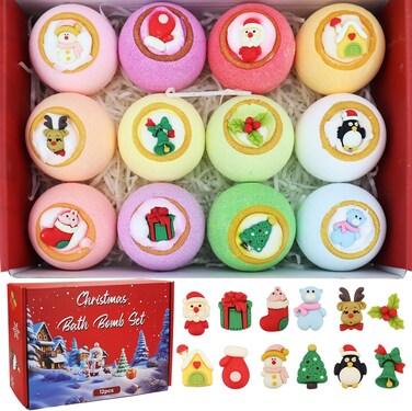 Christmas Bath Bombs for Kids with Surprise Toys Inside - Kids Advent Calendar Bathbombs -12 Pack Safe Fizzy Balls Made with Extracted Essential Oils Bubble Bath Bombs Kids Christmas Gifts