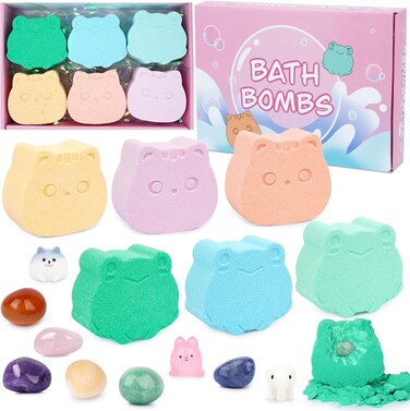 Kids Bath Bombs with Surprise Inside, 6pcs Bath Bombs for Kids with Stones Crystals and Gemstones, Frog and Cat Shape Bubble Bath for Boys and Girls, Birthday Gift