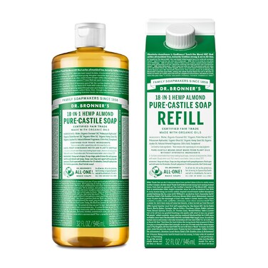 Dr. Bronner's - Pure-Castile Liquid Soap Bottle &amp; Refill Carton Made with 82% Less Plastic (Almond, 32 oz) - Face, Body, Hair, Laundry, Dishes &amp; More, Super-Concentrated, Organic, Vegan, Non-GMO
