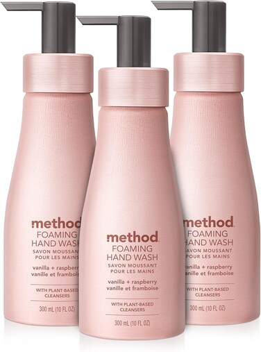 Method Premium Foaming Hand Wash, Vanilla + Raspberry, Reusable Pink Aluminum Bottle, Biodegradable Formula, 10 fl oz (Pack of 3)