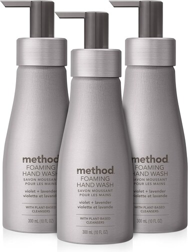 Method Foaming Hand Wash, Violet + Lavender, Reusable Silver Aluminum Bottle, Biodegradable Formula, 10 oz (Pack of 3)