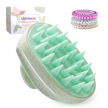 Scalp Massager Shampoo Hair Brush, Scalp Scrubber Head Exfoliator Brush with Soft Silicone Bristles for Women Men Kids Pets Shower and Wet Dry Hair，Includes 3 Pcs Spiral Hair Ties(Green)