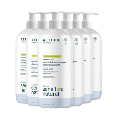 ATTITUDE Hair Shampoo for Sensitive Dry Scalp, EWG Verified, Soothing Oat, For Thin Hair, Naturally Derived Ingredients, Vegan and Plant-Based, Volume and Shine, Unscented, 32 Fl Oz (Pack of 6)
