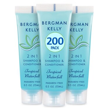 Bergman Kelly - Travel Size 2 in 1 Shampoo &amp; Conditioner - 0.5 fl oz, 200 PK, Tropical Waterfall - Delight Your Guests w/Invigorating &amp; Refreshing Shampoo Amenities - Small Hotel Toiletries in Bulk