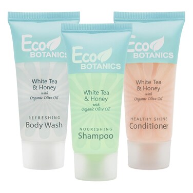 Eco Botanics Travel-Size Hotel Shampoo, Conditioner and Body Wash .85 oz (Case of 300)