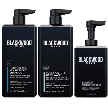 Blackwood For Men Hydroblast Moisturizing Shampoo (17oz), Pure Moisture Body Wash (17oz), and BioNutruent Foaming Face Wash (4.45oz) Bundle for Men