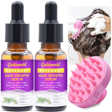 Rosemary Hair Growth Serum 2 Pack with Scalp Massager - Biotin, Argan Oil and Castor Oil for Thinning, Dry, Damaged Hair - Regrowth Treatment for Women