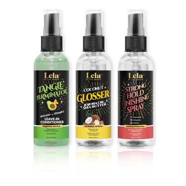 Lela Beauty Travel Set: Shine-Boosting Glosser, Strong Hold Finishing Spray, and Nourishing Leave-In Conditioner - Perfect for On-the-Go Styling, Frizz Control, and Hair Hydration, 80mL/2.7 fl oz