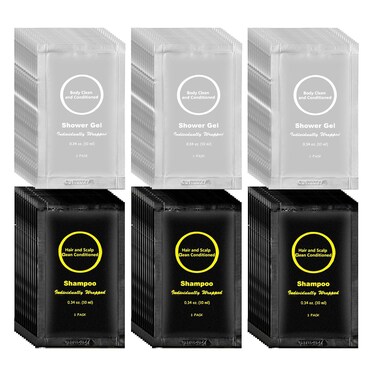 Travel Size Shampoo and Body Wash Bulk, Individually Wrapped Hotel Mini Shower Gel and Small Men Women Cleansing Toiletries Amenities for Hotel Guests/ Vacation/ Homeless 0.34 oz (60 Pack)