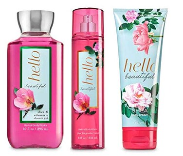 Bath and Body Works Hello Beautiful Body Care Set. Shower Gel 10 Fl Oz, Fine Fragrance Mist 8 Fl Oz and Body Cream 8 Fl Oz.
