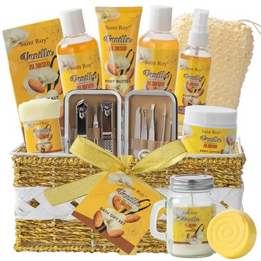 Bath &amp; Body Gift Set, 19pcs Vanilla &amp; Honey Almond Scents Bath Gift Baskets Home Spa Gift, Bath Spa Kit For Women and Men Luxury Home Spa Bath Gift Basket, Skin Care Gift Set, Spa Gifts, Pamper Gifts