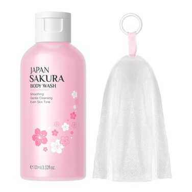 Cherry Blossom Moisturizing Body Wash for Women with Exfoliating Mesh Soap Saver Pouch Bag Sack - Hydrating Shower Gel for Dry Skin