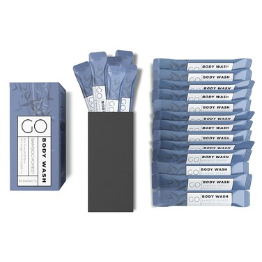 GO Essentials Travel Size Single Use Body Wash Packets - TSA Friendly, Bulk Supplies for Airbnb Essentials, Shelters &amp; Hotels (Bamboo Forest, 4 Boxes/80 Packets)