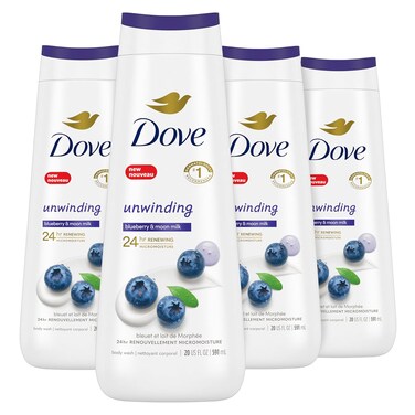 Dove Body Wash Unwinding Blueberry &amp; Moon Milk, 4 Count for Renewed, Healthy Looking Skin, Moisturizing Gentle Skin Cleanser with 24hr Renewing MicroMoisture, 20 oz