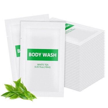 100 pack Travel Size Body Wash Bulk Individually Wrapped - Refreshing Mini Shower Gel Single Use Supplies for Homeless Care Hotel Guests, White Tea Scent,0.35 fl oz/10ml