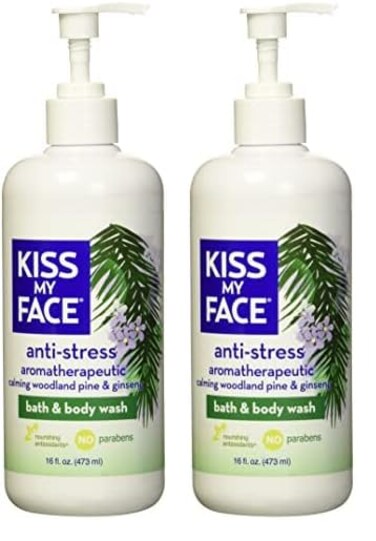 Kiss My Face Anti-Stress Woodland Pine &amp; Ginseng Shower Gel - Rejuvenate Your Mood With Ginseng &amp; Woodland Pine - Antioxidant Blend of Olive Oil, Aloe &amp; Vitamin E - 16 fl oz Bottle (Pack of 2)