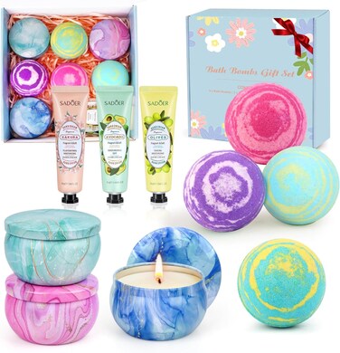 Bath Bombs for Women Gift Set - 4 Large Bath Bombs + 3 Scented Candles + 3 Hand Lotions, Handmade Moisturizing SPA Gift Baskets Fizzy Bath Bombs, Ideal Gift for Valentine's Day, Mother's Day, Birthday