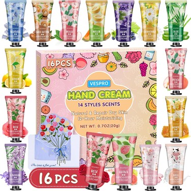 16 Pack Hand Cream Gifts Set, Easter Basket Stuffers, Mothers Day Gifts, Bulk Hand Lotion Travel Size for Dry Cracked Hands, Mini Hand Lotion for Teacher Appreciation Gifts with a Greeting Card