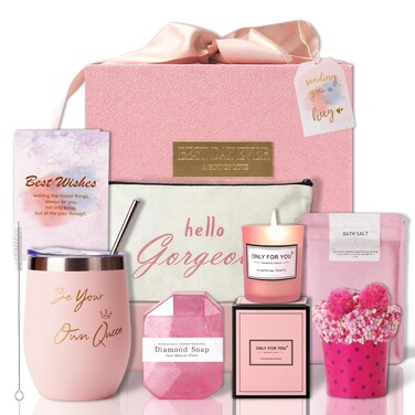 Homemory Gifts for Women, Birthday Bath Set Gift Basket Body Self Care, Spa Valentine's Day Ideas Mom Friend Sister Bestie Her Wife Female Coworkers Daughter 30th 50th 60th with Greeting Card (Pink)