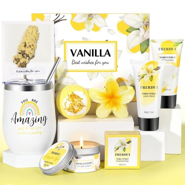 Birthday Gifts for Women, Relaxing Spa Gift Baskets for Women, Warm Vanilla Self Care Bath and Body Gift Set Care Package for Women Her Wife Mom Female Friends Bestie Sister Mother's Day Gifts