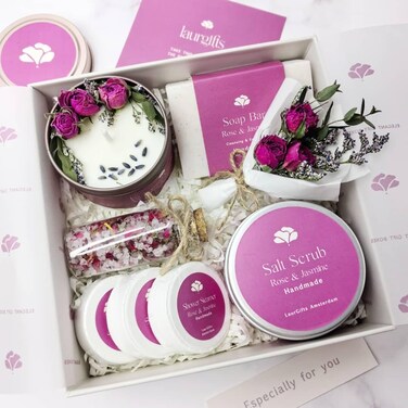Rose &amp; Jasmine Spa Gift Box for Women &ndash; Luxurious Valentine's Day Gift for Her with Candle &amp; Spa Set &ndash; Dutch Flower Fields Inspired Relaxing Gifts for Mom, Wife, Sister, Friend, Coworker
