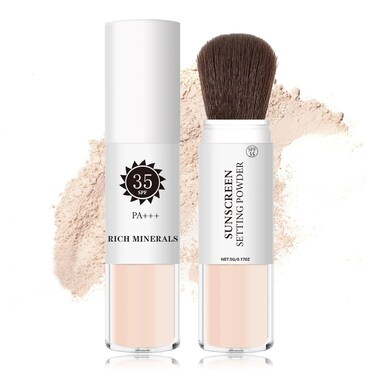 Setting Powder Sunscreen Powder Mineral Powder SPF 35, Natural Flawless Smooth Soft Matte Oil Control Brighten Concealer Translucent Powder Setting Powder Makeup With Sunscreen Brush #01 Translucent