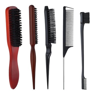 cobee 5 Pcs Slick Back Hair Brush Set, Bristle Hair Brush Edge Control Brush Teasing Comb, Wax Stick for Hair &amp; Wig Flyaways, For Smooth Hair Parting Smooth Flyaways