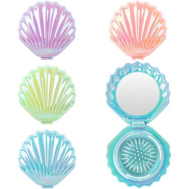 AUEAR, 4 Pack Foldable Travel Hair Brushes with Mirror Shell Shape Portable Folding Pocket Brush Mini Comb Compact Size Massage