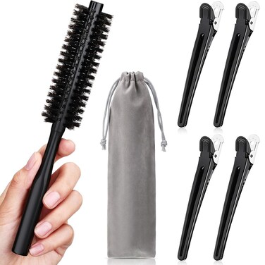 1.2 Inch Boar Bristle Round Brush for Short, Pixie and Thin Hair Styling - Wooden Handle with 4 Clips and Bag