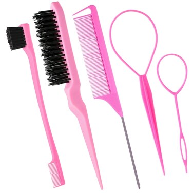 5Pcs Slick Back Brush Set with Topsy Tail Tool, Teasing Bristle, Rat Comb for Women &amp; Girls Hair Styling, Flyaways Control and Edge Combing - Pink
