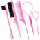5Pcs Slick Back Brush Set with Topsy Tail Tool, Teasing Bristle, Rat Comb for Women &amp; Girls Hair Styling, Flyaways Control and Edge Combing - Pink