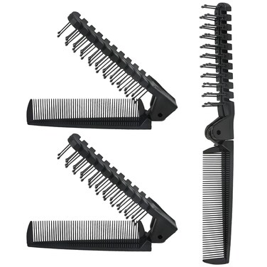3PCS Travel Foldable Brush, Anti-Static Hair Comb and Double Headed Hairdressing Tool for Men &amp; Women (Black)