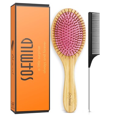 Sofmild Bamboo Wooden Paddle Hair Brush Comb Set, Hairbrushes for Women Men Kid Detangling Hair Massaging Scalp with Round Tip Bristles for All Hairstyles (Pink Wooden)
