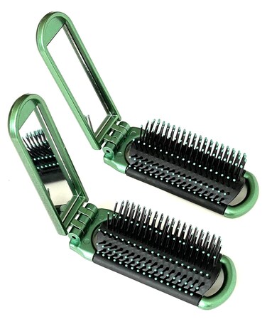 2 Green ALAZCO Folding Hair Brush With Mirror Compact Pocket Size Travel Car Gym Bag Purse Locker Swimming Camping Sleepover Gift and more