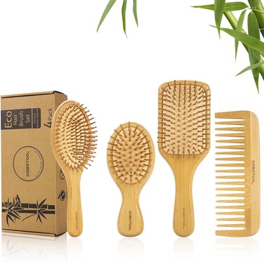 Hair Brush Set, Natural Bamboo - Wide-tooth Paddle Detangling Brush and Tail Comb for All Hair Types, Promotes Hair Growth, Suitable for Thick/Thin/Curly/Dry Hair