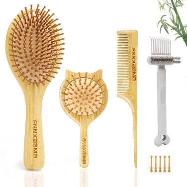 Bamboo Hair Brush Set, Eco-Friendly Anti-Static Detangling Hairbrush, Mini Travel &amp; Rat Tail Comb and Cleaning Tools for Women Men and Kids Thick/Thin/Curly/Dry Hair