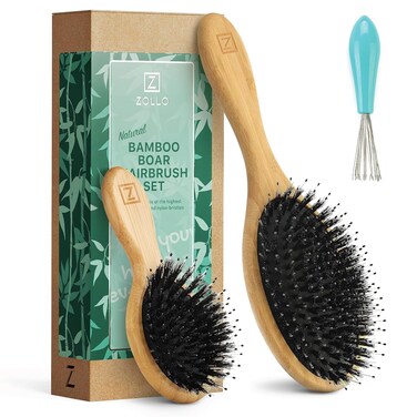 Natural Boar Bristle Hair Brush &amp; Mini Hair Brush Set for Women, Men, Kids; Dry and Wet Detangling Hair Brush Gently Enhances Shine, Great for travel or to keep in your bag