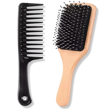 Premium Boar Bristle Hair Brush - Wide Comb Detangling Styling Smoothing Drying Wet Dry Thick Fine Thin Sleek Curly Long Slick Back Frizz Hair, Men Women, Wooden Soft Pin Bristles Paddle Hairbrush Set