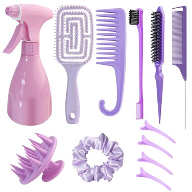 DUAIU Hair Brush Set, 12PCS Hair Brushes and Hair Combs for Women, Vented Deangler Brush Slick Back Brush Wide Tooth Comb Spray Bottles Hair Styling Tools (PURPLE)