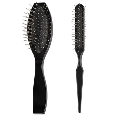 2PCS Wire Wig Brush, Stainless Steel Synthetic Brush with Ball Tips Gentle Wig Detangling Brush Comb Travel Size Styler Brush for Defining and Separating Curls Wigs Natural Hair (Black)