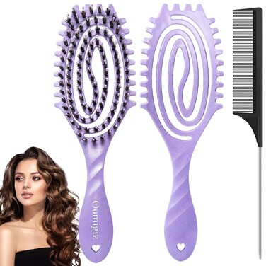 Curl Defining Brush, Boar Bristle Detangling Hair Brush for Women Girls Thick Curly Wavy Hair Wet Dry Use, Fast Blow Drying Vented Styling Hairbrush, Smoothing Hair No Tangle (Soft Purple)