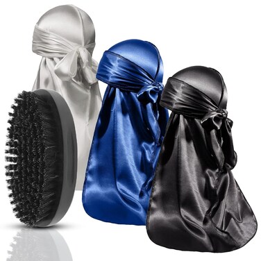 3pcs Silky Durag with Wave Brush for Men, Satin Du-rags Waves Kit - Curved Soft, Medium &amp; Hard Bristles, 360 Black (Mix Color)