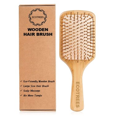 Hair Brush-Natural Wooden Bamboo Bristles Paddle Hairbrush Large. Eco-Friendly Massage Scalp &amp; Detangling All Hair Types. No More Tangle.