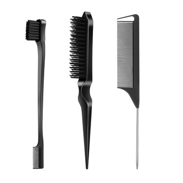 3 Pcs Slick Back Grooming Set - Edge Brush, Bristle Brush, Rat Tail Comb &amp; Teasing Brush for Smoothing Hair &amp; Flyaways - Black