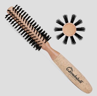 Bombshell Sustainable Round Hair Brush &mdash; Birch Wood and Cork Handle Hairbrush with Boar Bristles, Ergonomic Boar Bristle for Blow Drying, Curling, and Styling 1.75 inch