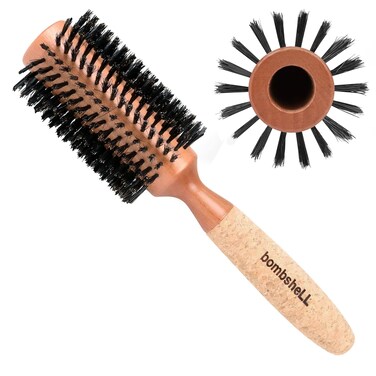 Bombshell Sustainable Round Hair Brush &mdash; Birchwood and Cork Handle Hairbrush with Boar Bristles, Ergonomic Boar Bristle for Blow Drying, Curling, and Styling 2.5