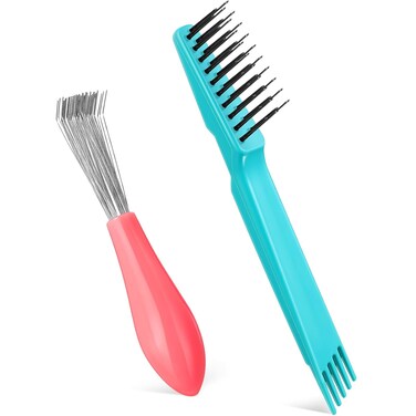 Boao 2 Pieces Hair Brush Cleaning Tool Comb Set Mini Hair Brush Dirt Remover with Metal Wire Rake for Removing Hair Dust Home and Salon Use(Pink and Green)