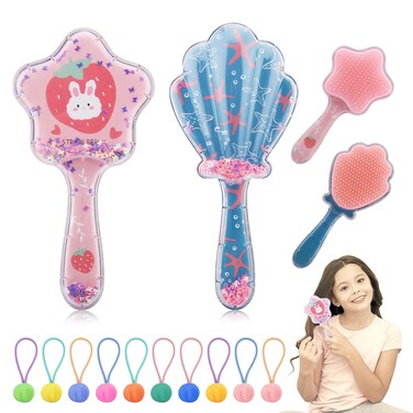 2Pcs Girls Wet Hair Brush, Cute Detangler Brush, Kids Wet-Brush No Pain Soft for All Hair Types Hair Curly Through Tangles Boys Hair Brush(Rabbit &amp; Shell Pattern, with 10Pcs Cartoon Hair Ties)